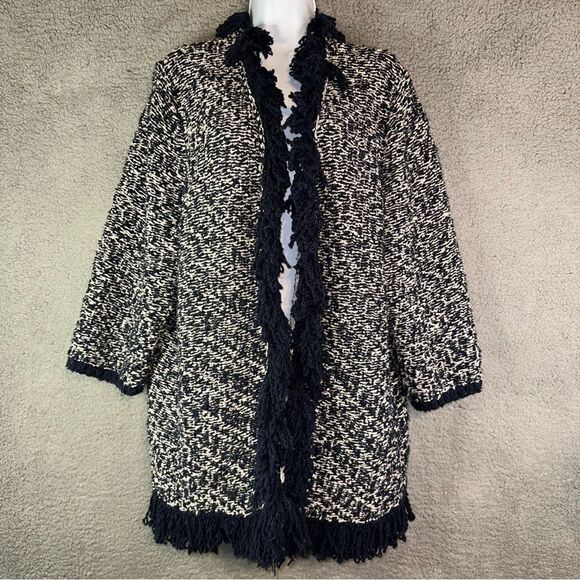 Lane Bryant Sweater Womens 22 Navy White Fringe Ankara Woven Open Front Cardigan - Picture 1 of 12